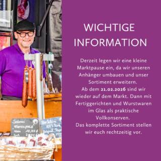 Auch wenn wir derzeit eine kleine Marktpause einlegen und unseren Anhänger umbauen, könnt ihr unsere Produkte weiterhin im Dorfladen oder online bekommen.🛍️
Ab dem 21.02.2026 sind wir dann wieder auf dem Markt – mit erweitertem Sortiment: Fertiggerichte und Wurstwaren im Glas als praktische Vollkonserven. Das komplette Sortiment stellen wir euch rechtzeitig vor.😉
Bis dahin trotzen wir dem Wetter, kümmern uns bestmöglich um unsere Tiere und tüfteln an neuen Rezepturen – neben dem Anhänger-Umbau bleibt also genug zu tun!🐮
#dorfladen #biofleisch #wochenmarkt #fleischqualität