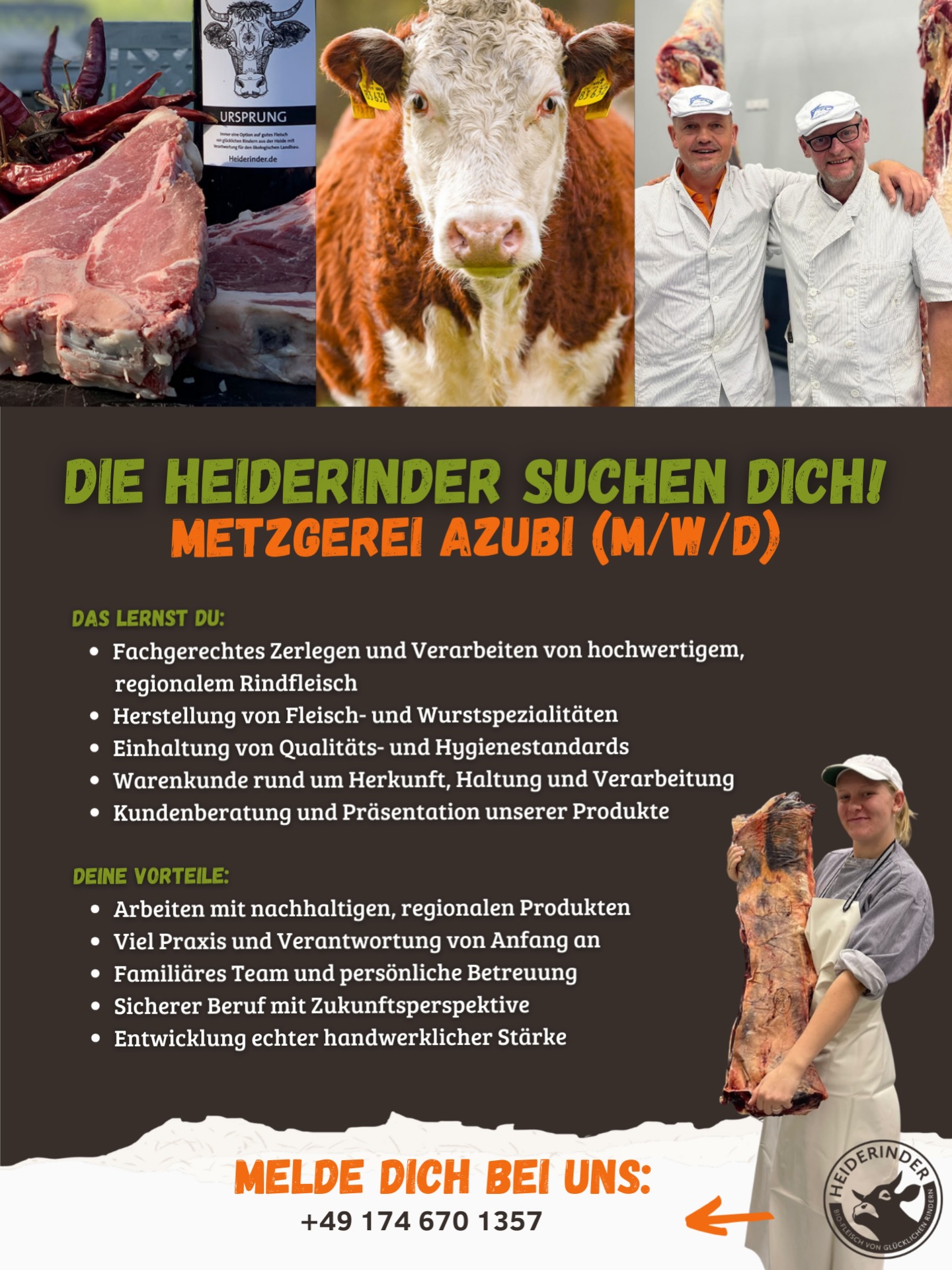 Du suchst einen Beruf mit Sinn, Handwerk und echten Werten?☺️

Vom Tier auf der Weide bis zum fertigen Produkt: Bei uns lernst du das Metzgerhandwerk von Grund auf.
Mit regionalen Tieren, viel Praxis und einem Team, das zusammenhält.💪🏻

Bei uns erlebst Du, wie aus verantwortungsvoller Haltung echtes Qualitätsfleisch entsteht – mit Respekt vor Tier, Produkt und Tradition.

Du willst mit anpacken und etwas Echtes lernen?
Dann werde Teil der Heiderindern-Familie und starte deine Ausbildung in der Metzgerei (m/w/d).🐮🧡

📍 Regional. Nachhaltig. Handwerklich.
📞 Melde Dich jetzt: +49 174 670 1357

#heiderindern #ausbildung #metzgerhandwerk #regional #HandwerkMitZukunft